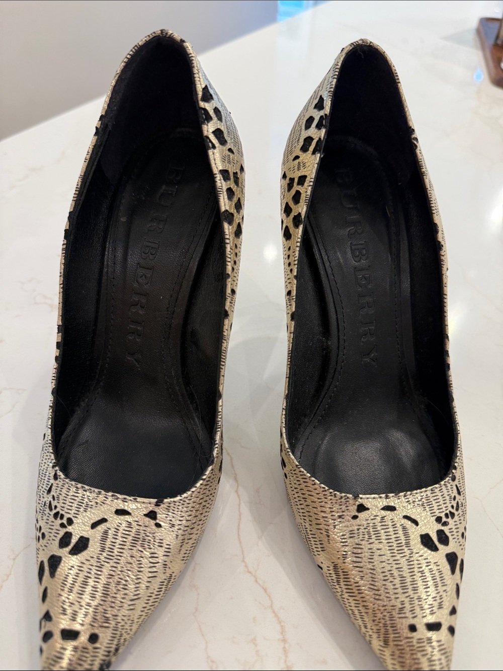 Burberry Gold and Black Textured Pointed-Toe Pumps